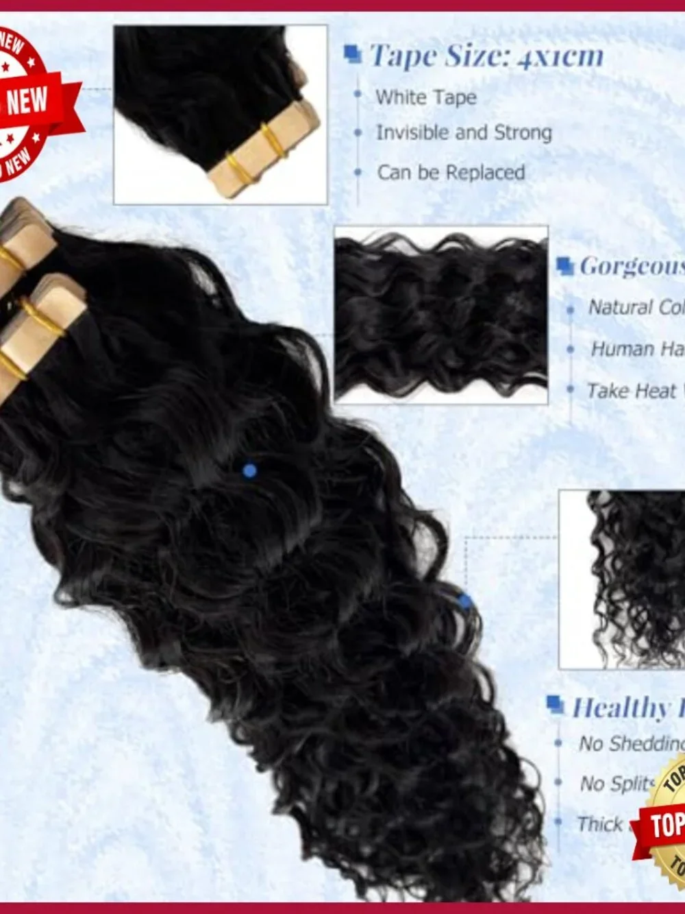 24 Inch Water Wave Tape In Human Hair Extensions 40 Pieces 100G